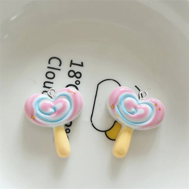 10Pcs Glossy Love Heart Lollipop Resin Charms