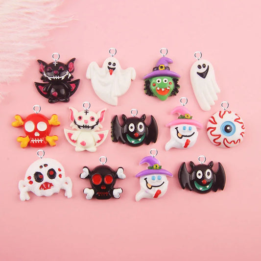 10pcs Halloween Charms for Jewelry Making Cartoon Animals Skeleton Ghost Bat Eye Resin Pendant Diy Earring Necklace Findings