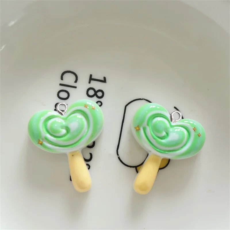 10Pcs Glossy Love Heart Lollipop Resin Charms