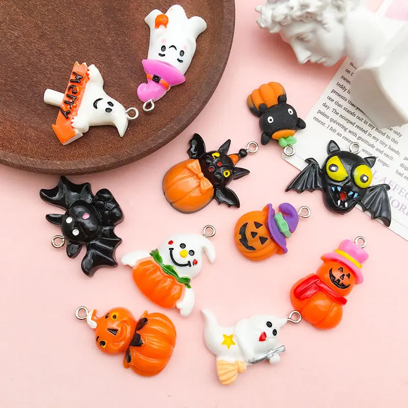 10Pcs Kawaii Resin Cartoon Halloween Charms Cute Pumpkin Ghost Pendants for Earrings Keychain DIY Jewelry Making Supplies