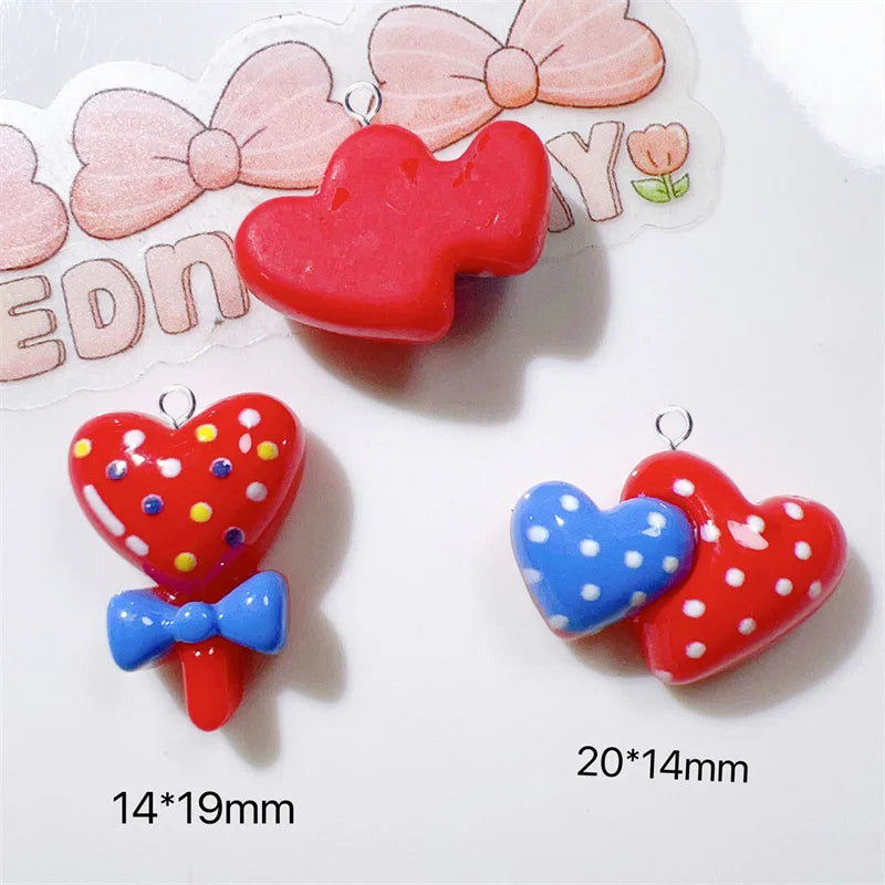 10pcs Kawaii Red Heart Lollipop Charms for Jewelry Making Resin Double Hearts Flatback Pendant Diy Keychain Findings C1372