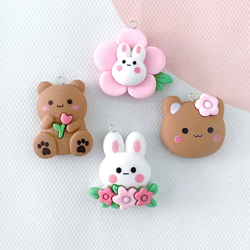 10pcs/pack Kawaii Flower Rabbit Bear Resin Charms Lovely Cartoon Animal Pendant For Earring Keychain DIY Jewelry Making