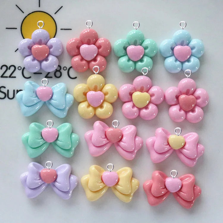 10pcs Kawaii Glossy Resin Heart Flower Bowknot Charms for Jewelry Making Colorful Pendants Diy Earring Necklace Findings C1289