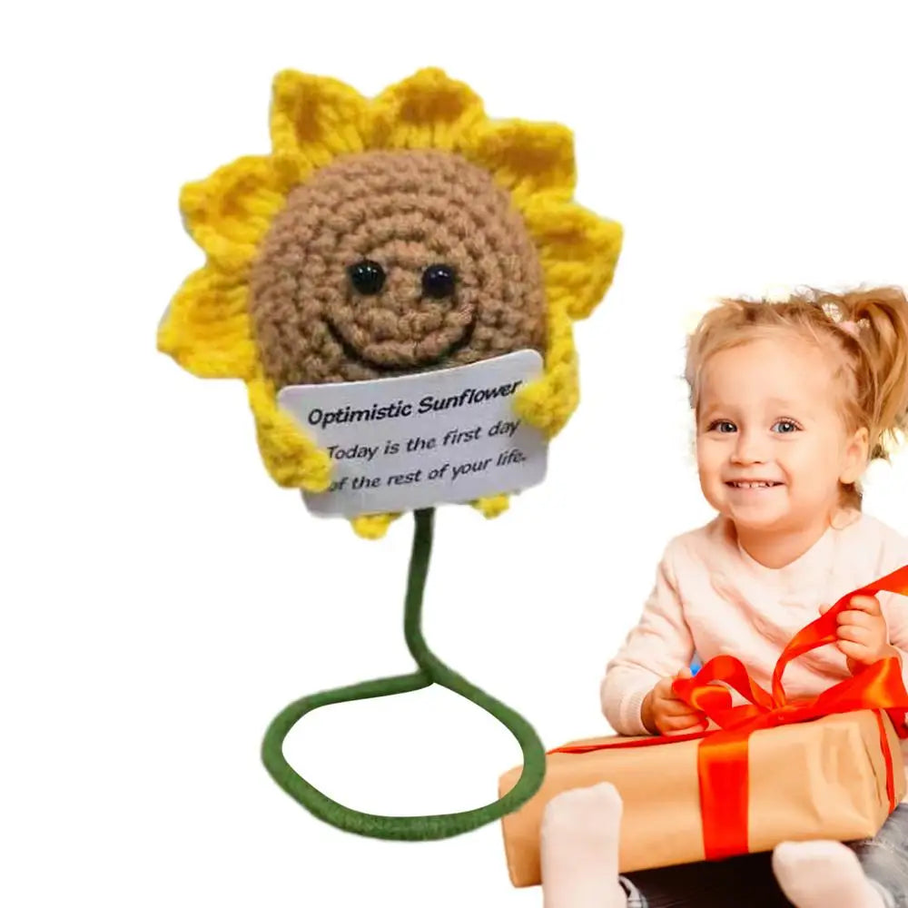 Hand Knitted wool Crocheted doll pendant Cute Emotional Support sunflower Positive Crochet Sunflower Toy with Inspirational Card