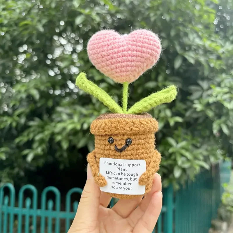 Handmade Crochet Faux Potted Plants - Set Of 3 (Red & Pink Hearts, Sunflower) With Inspirational Cards - Perfect For Home