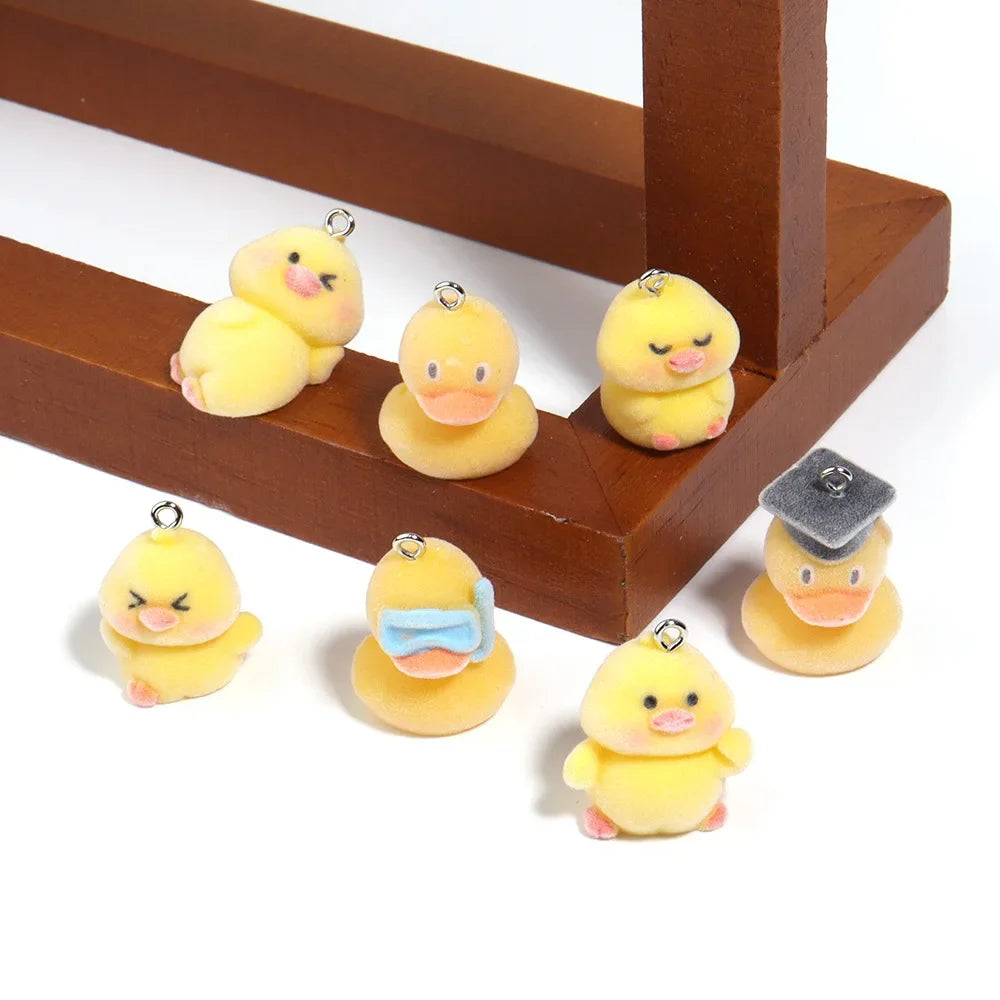 20Pcs 3D Cute Flocked Mini Duck Charms Cartoon Animal Plush Resin Pendent Phone Keychain Necklace Earring Bag DlY Jewelry Make