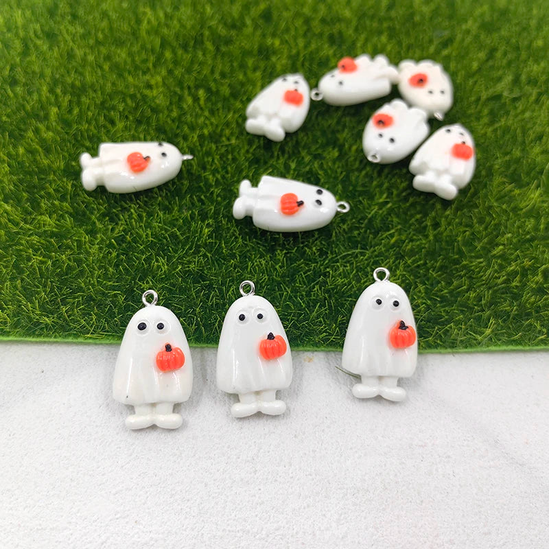 10pcs Kawaii Halloween White Ghost Pumpkin Charms for Jewelry Making Resin Handmade Pendants Crafts DIY Earring Keychain C1302