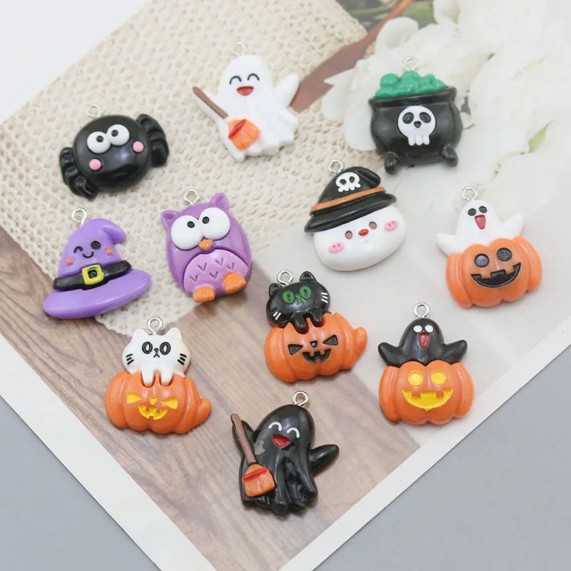 10Pcs Resin Halloween Charms Flatback Ghost Pumpkin Hat Pendants for Jewelry Keychain Making Earrings Bracelet DIY Accessories