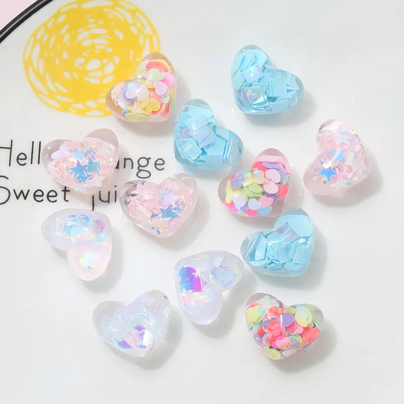 10Pcs Glitter Powder Hearts Flatback Resin Cabochons