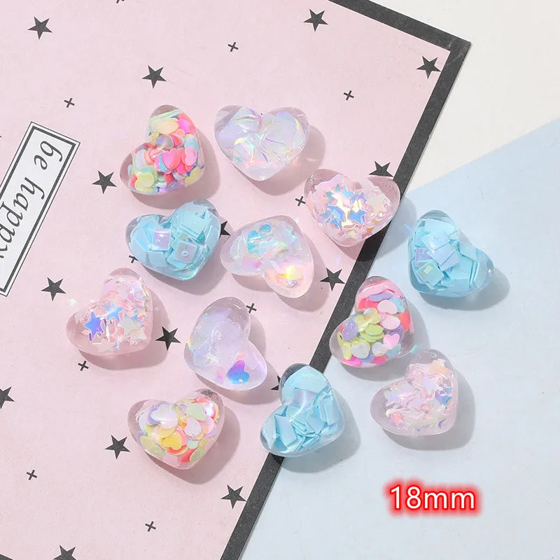 10Pcs Glitter Powder Hearts Flatback Resin Cabochons