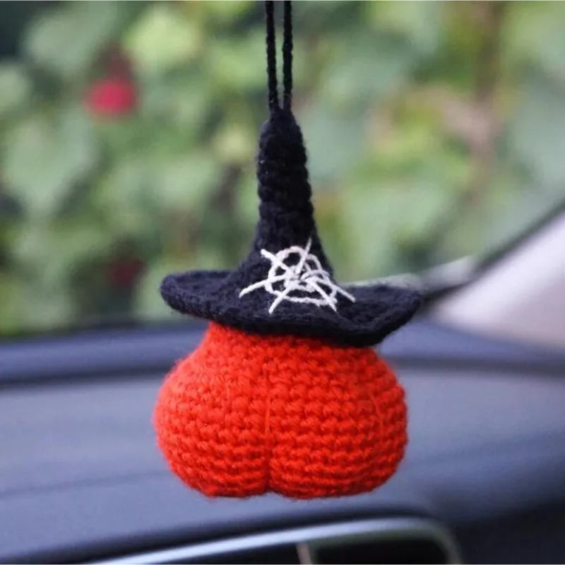 Handmade Car Hanging Ornament for Children, Thanksgiving Car Accessories, Bat Crochet, Pumpkin Hat, Gift, Pendant Decor