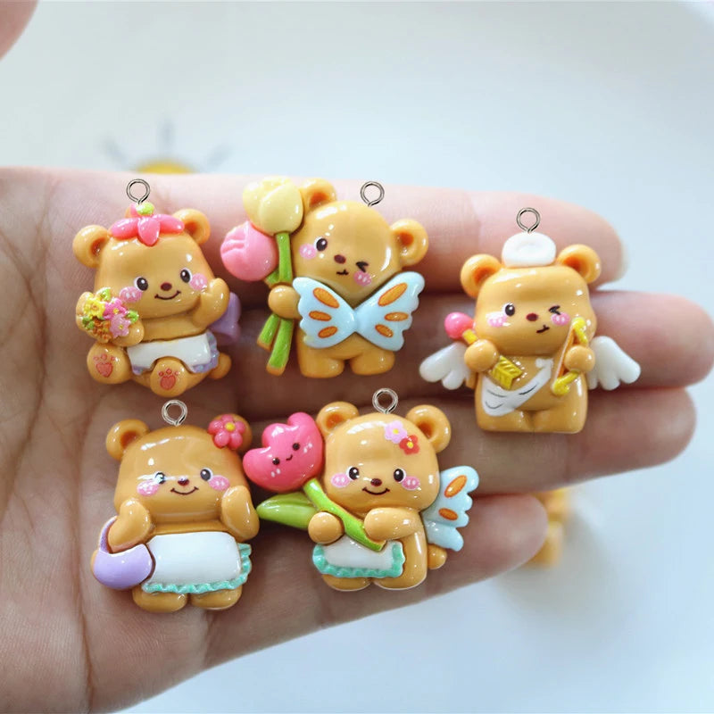 10Pcs Cute Flowers Little Bear Resin Charms