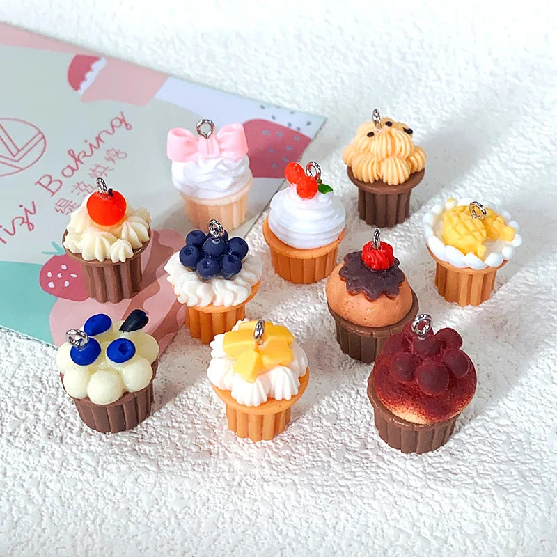 10pcs Mini Small Cup Cake Resin Charms Blueberry Cherry Cream Cakes Crafts Pendants Diy For Earring Keychain Jewelry Make