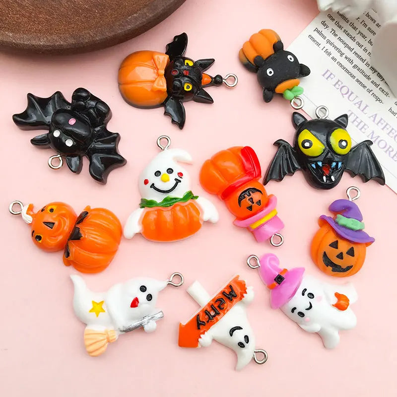 10Pcs Kawaii Resin Cartoon Halloween Charms Cute Pumpkin Ghost Pendants for Earrings Keychain DIY Jewelry Making Supplies