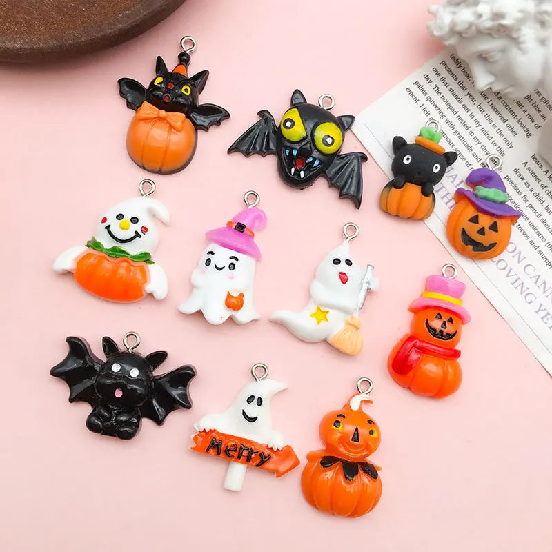 10Pcs Kawaii Resin Cartoon Halloween Charms Cute Pumpkin Ghost Pendants for Earrings Keychain DIY Jewelry Making Supplies