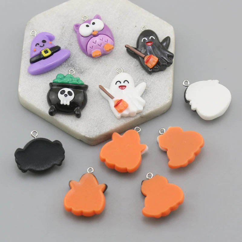 10Pcs Resin Halloween Charms Flatback Ghost Pumpkin Hat Pendants for Jewelry Keychain Making Earrings Bracelet DIY Accessories