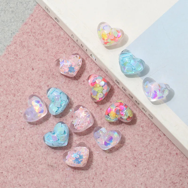 10Pcs Glitter Powder Hearts Flatback Resin Cabochons