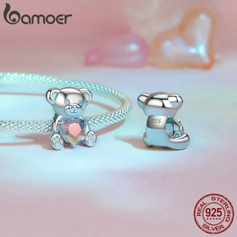 BAMOER 925 Sterling Silver Cute Bear Charms, "I love U" Cute Animal with Opal fit European Bracelets DIY Accessories SCC2713