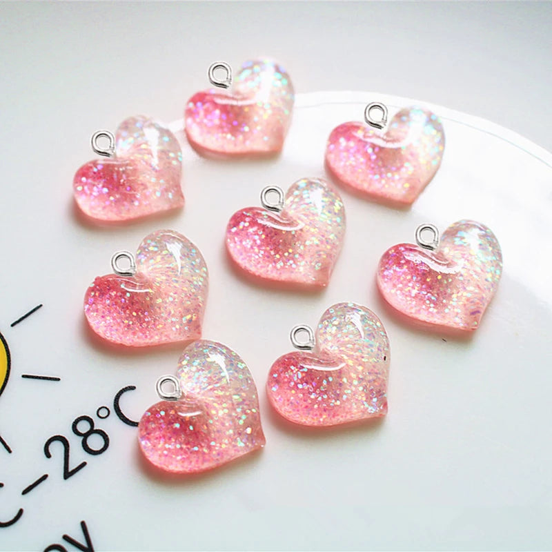 10Pcs Gradient Glitter Love Heart Resin Pendant DIY Trendy Jewelry Make Accessories Bracelets Keychain Craft Supplies Charm Hook