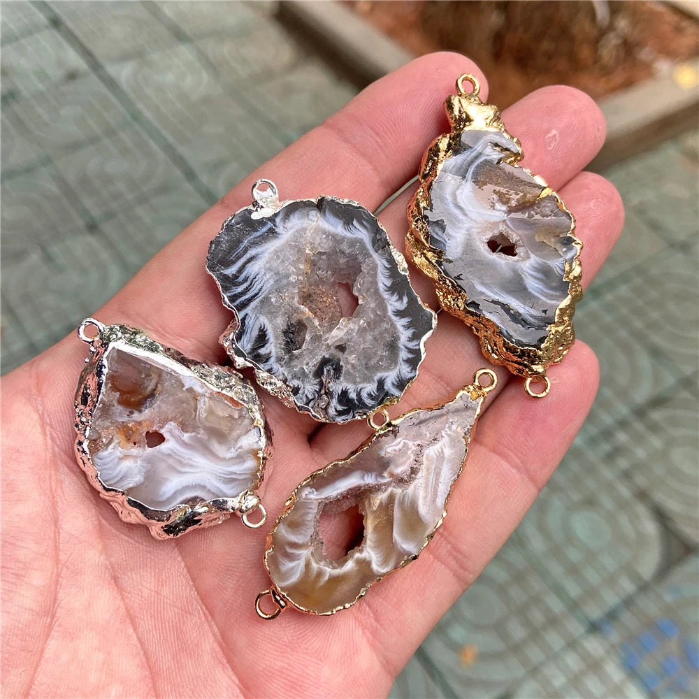 2Pcs/Lot Natural Flat Druzy Agates Pendants Irregular Double Holes Connector Charms Pendant for DIY Bracelet Necklaces Earrings