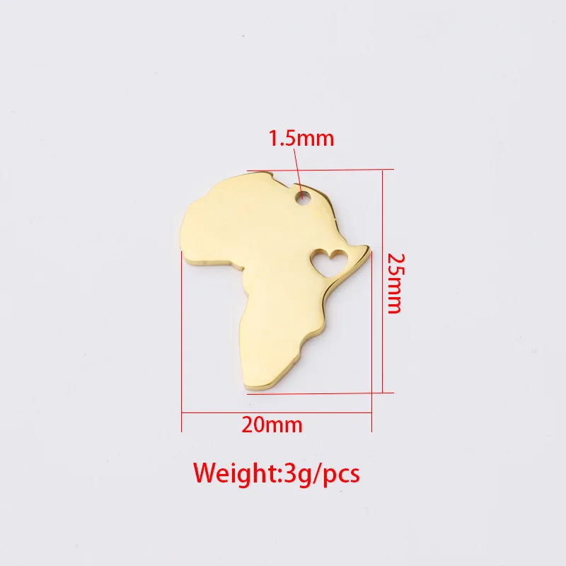 10pcs 4 Color Stainless Steel Hollow Africa Map Pendant Charms