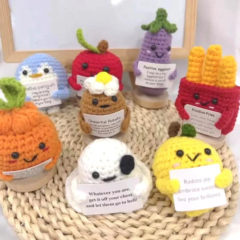 Cute Handmade Knitting Positive Eggplants Doll With Card Hug Pocket Home Room Decor Mini Crochet  Plush Wool Toy Christmas Gifts