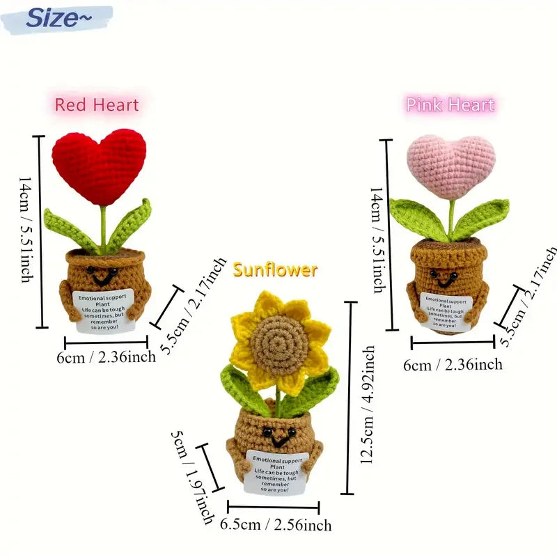 Handmade Crochet Faux Potted Plants - Set Of 3 (Red & Pink Hearts, Sunflower) With Inspirational Cards - Perfect For Home