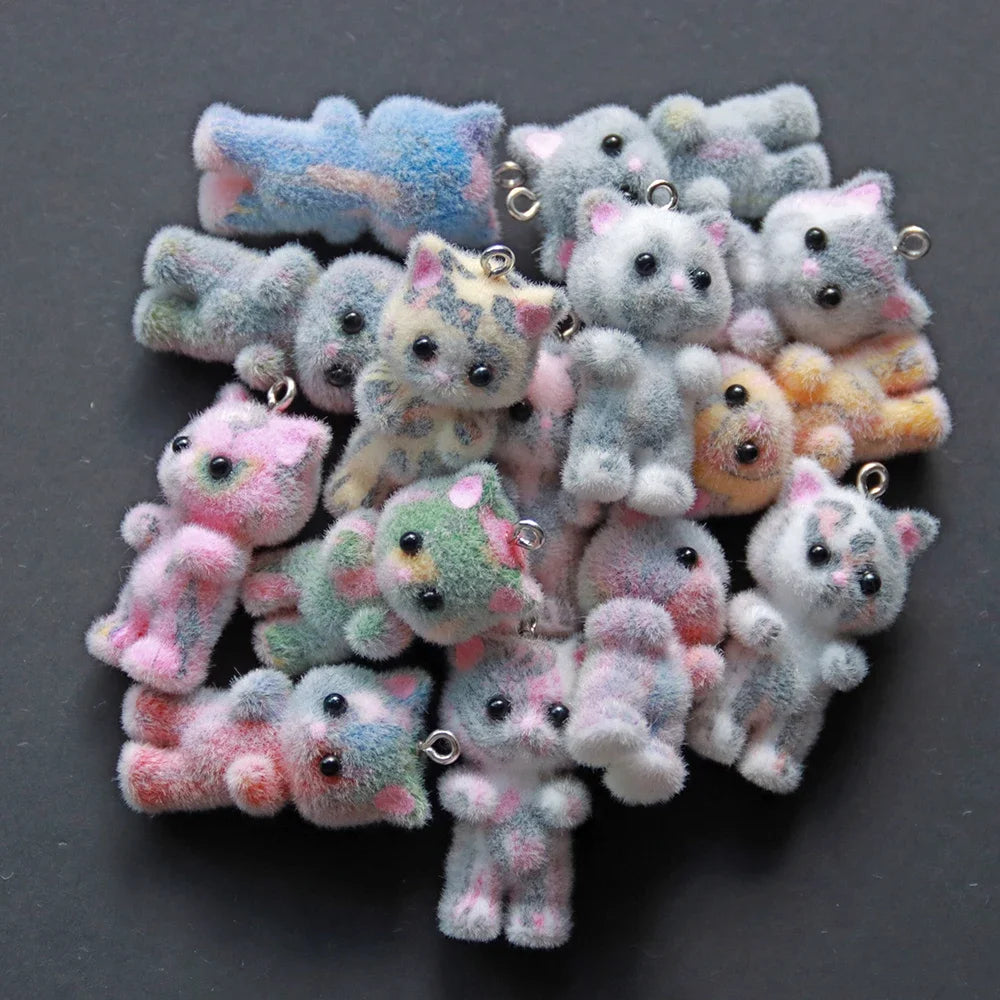 30pcs 3D Cartoon Rabbits Charms Flocking Animal Pendants For Making Bracelet Necklace Keychain Handmade Accessories Supplies