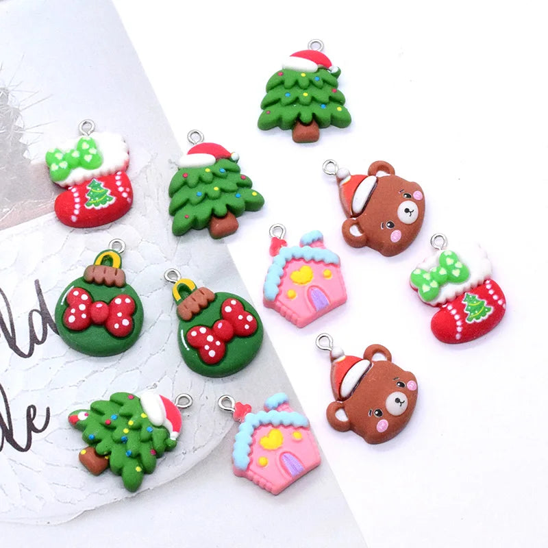 10pcs/Pack Christmas Series Resin Charms Christmas Tree Stocking Bow Tie Bear Snow House Pendant For Earring Jewelry Make