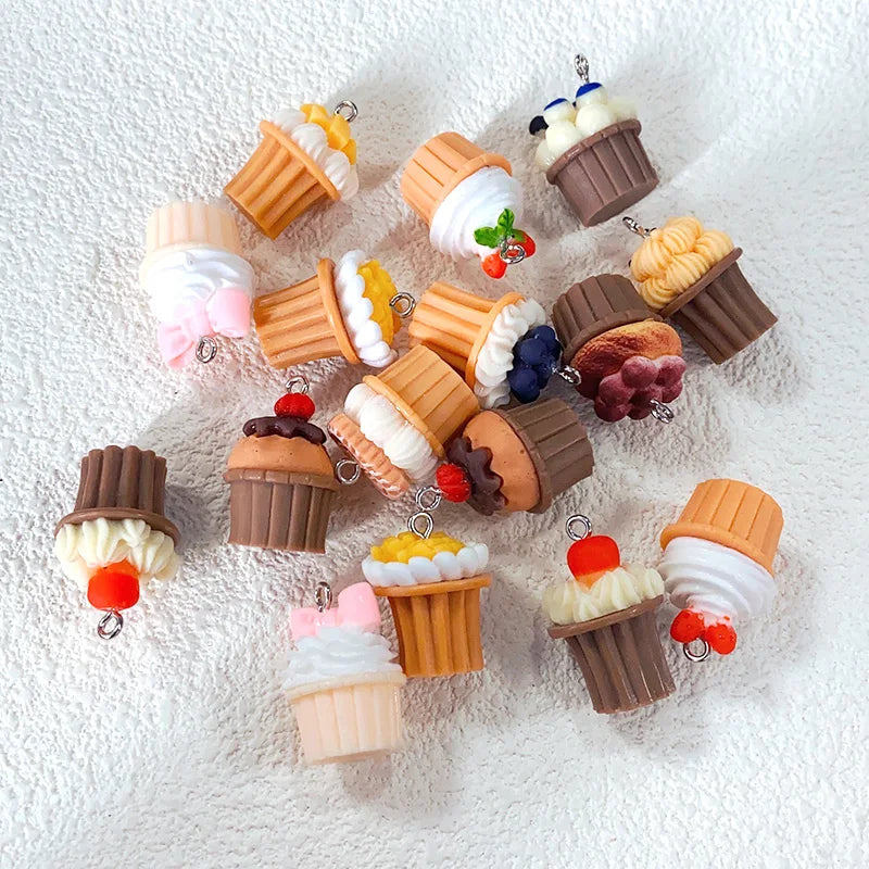 10pcs Mini Small Cup Cake Resin Charms Blueberry Cherry Cream Cakes Crafts Pendants Diy For Earring Keychain Jewelry Make