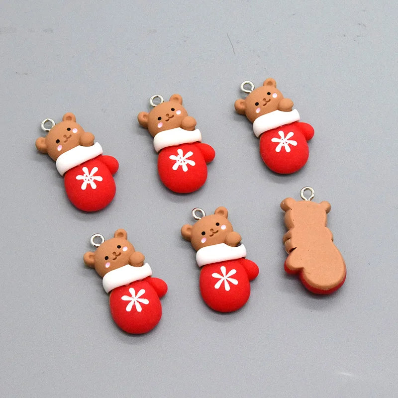 10pcs Kawaii Christmas Gloves Bear Resin Charms Lovely Earring Keychain Pendant DIY Jewelry Make