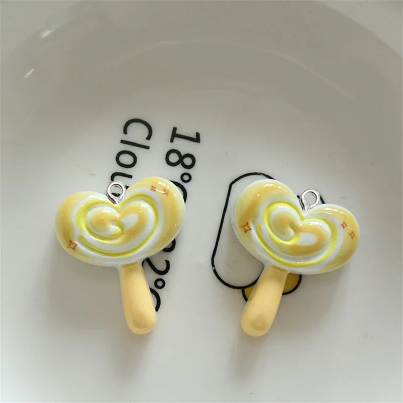 10Pcs Glossy Love Heart Lollipop Resin Charms