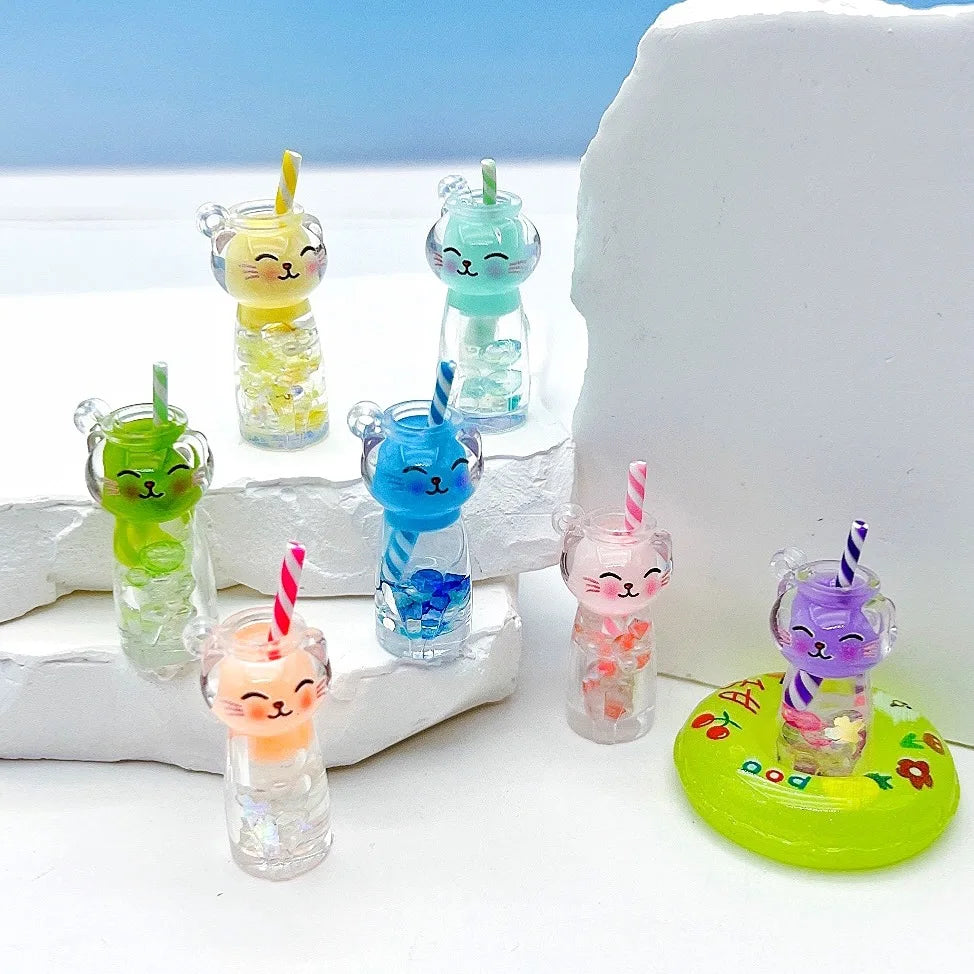 10pcs Luminous 3D Cat Drink Bottle Resin Charms Lovely Straw Cup Earring Keychain Pendant Accessory Diy Cute Jewelry