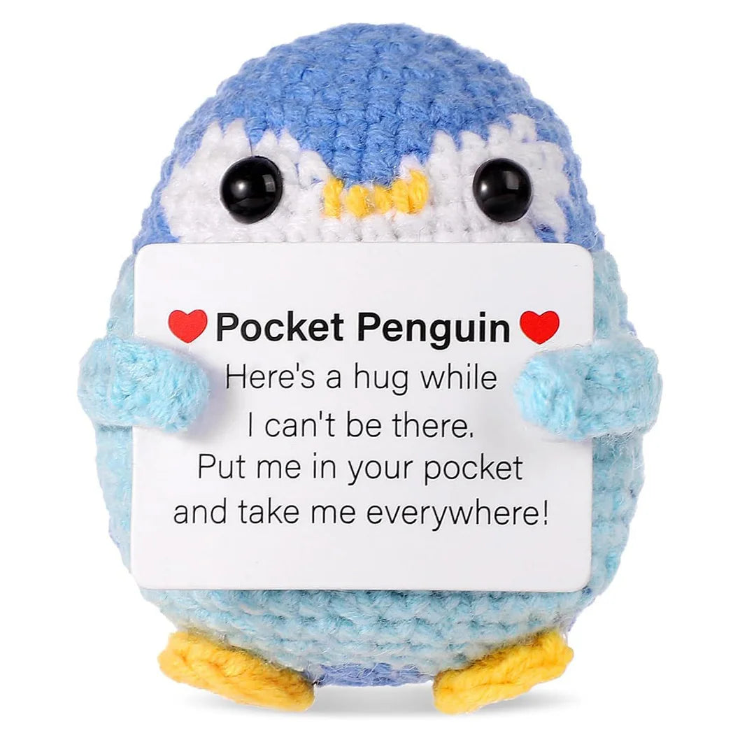 New Crocheted Positive Energy Penguin Hug Pocket Doll with Card Ornament Handmade Knitted Doll Home Room Decor Christmas Gifts