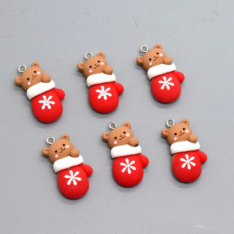 10pcs Kawaii Christmas Gloves Bear Resin Charms Lovely Earring Keychain Pendant DIY Jewelry Make