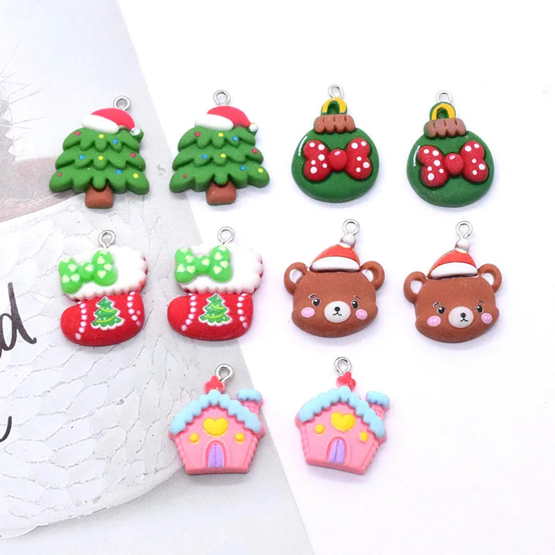 10pcs/Pack Christmas Series Resin Charms Christmas Tree Stocking Bow Tie Bear Snow House Pendant For Earring Jewelry Make