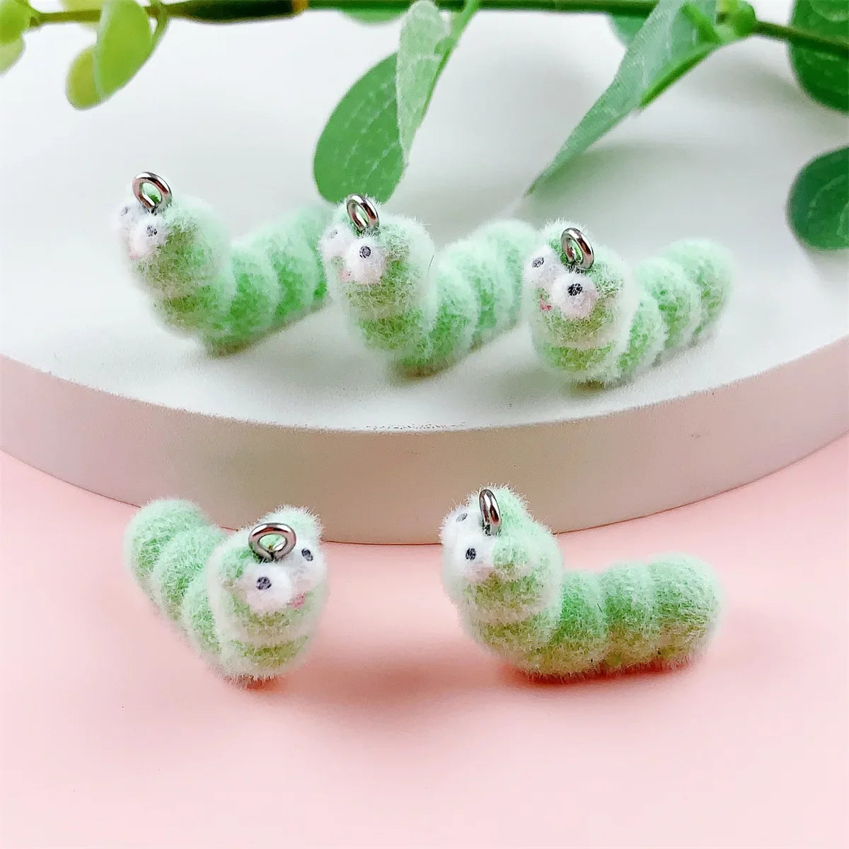 20Pcs Cute Flocking Caterpillar Resin Charms Cartoon Animal Plush Pendant For Keychain Necklace Earrings DIY Crafts Jewelry Make