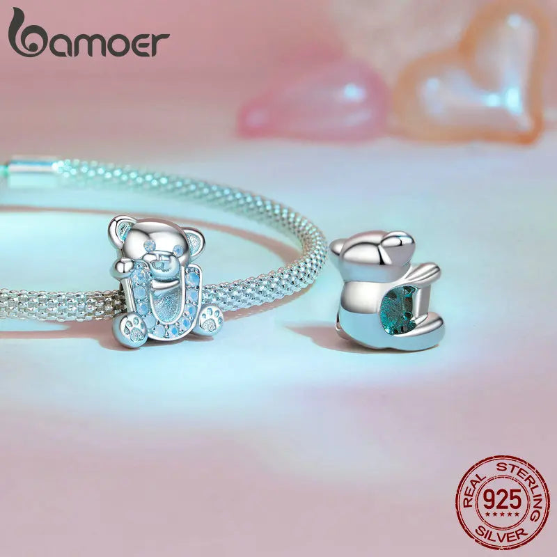 BAMOER 925 Sterling Silver Cute Bear Charms, "I love U" Cute Animal with Opal fit European Bracelets DIY Accessories SCC2713