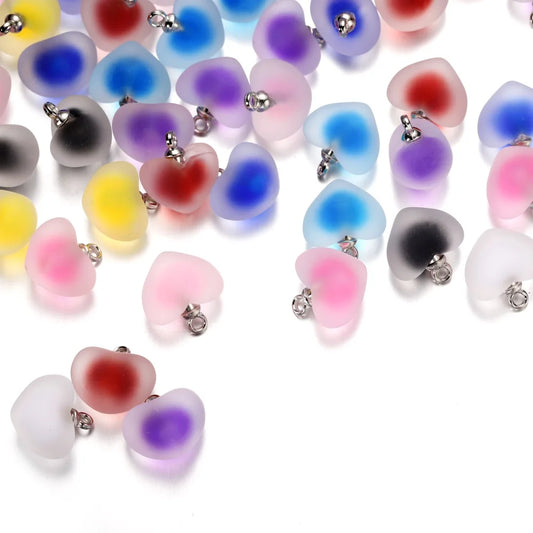 10Pcs/Lot Resin Frosted Colorful Heart Charms Bracelet Earrings Necklace Jelly Beads Pendant For DIY Jewelry Making Supplies