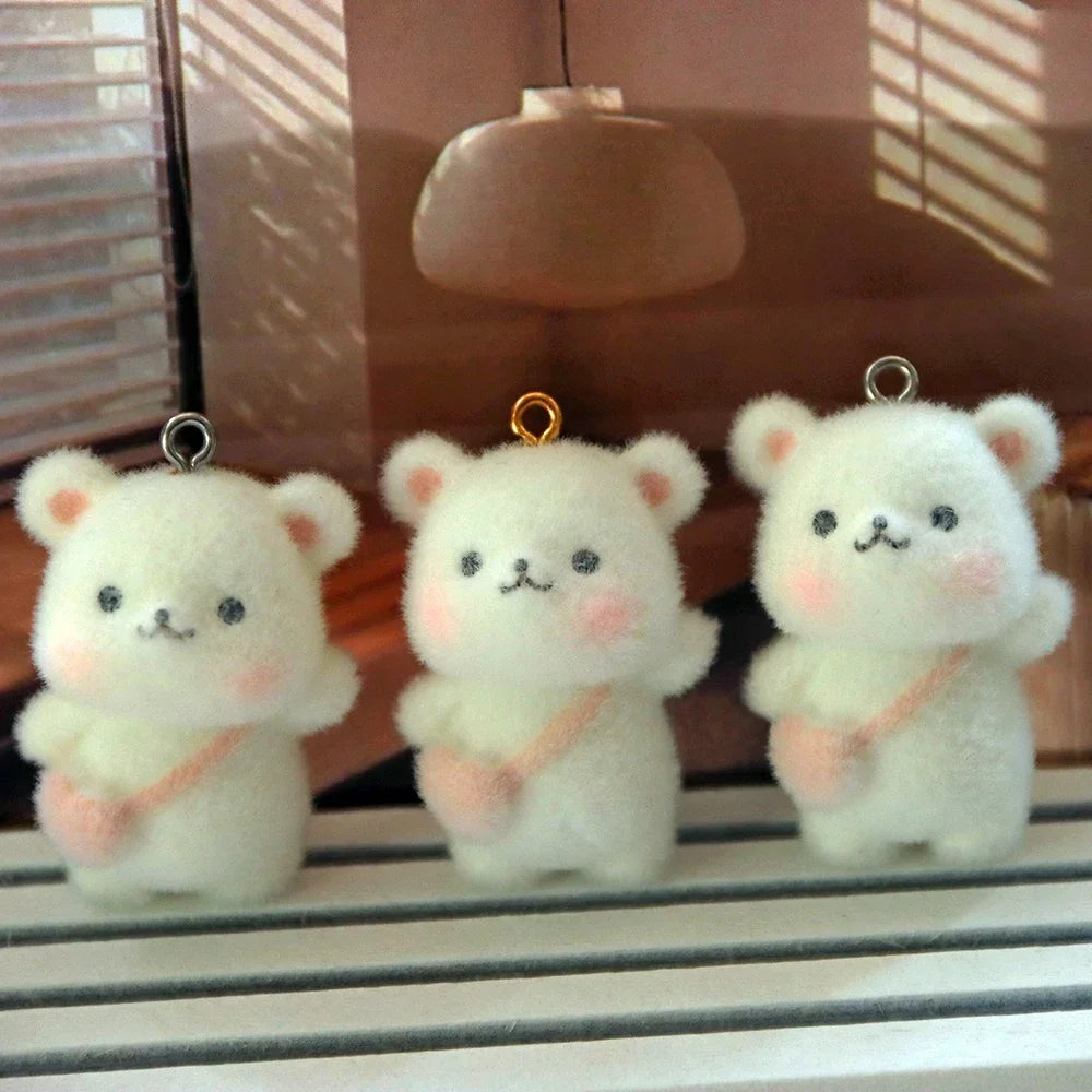 2Pcs 3D Cute Flocked Shoulder Bag Bear Charms Cartoon Animal Resin Pendant For Phone Bag Keychain Earring DlY Jewelry Make