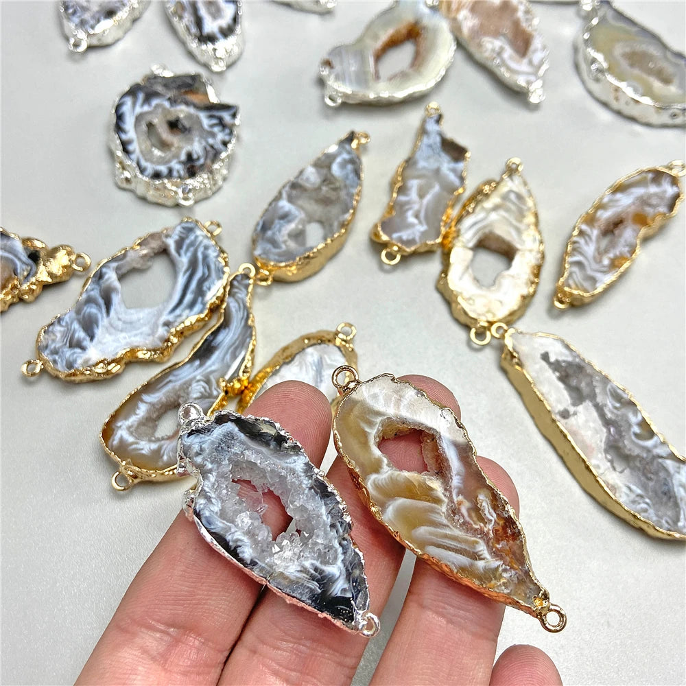 2Pcs/Lot Natural Flat Druzy Agates Pendants Irregular Double Holes Connector Charms Pendant for DIY Bracelet Necklaces Earrings