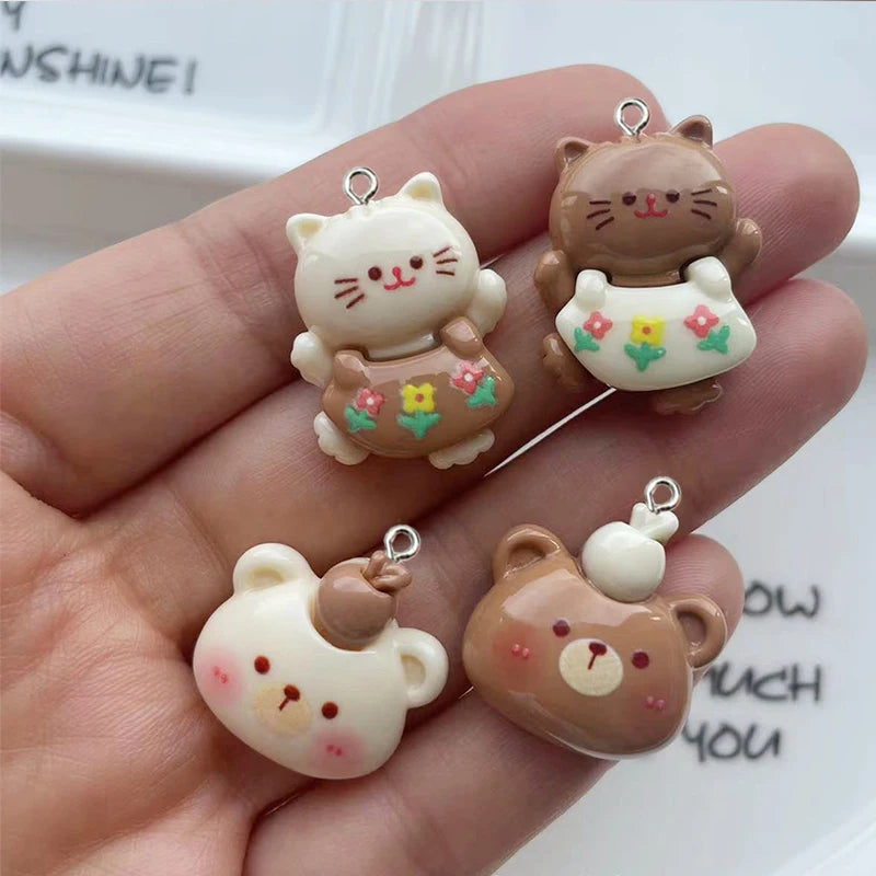 10Pcs Resin Glossy Milk Tea Color Cute Little Rabbit Cat Bear Charms Lovely Animals Flowers Star Pendants for DIY Jewelry Making