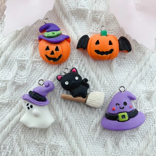 10pcs/lot Cute Halloween Pumpkin Lantern Ghost Cat Resin Charms DIY Pendant For Earring Bracelet Keychain Connect Jewelry Make