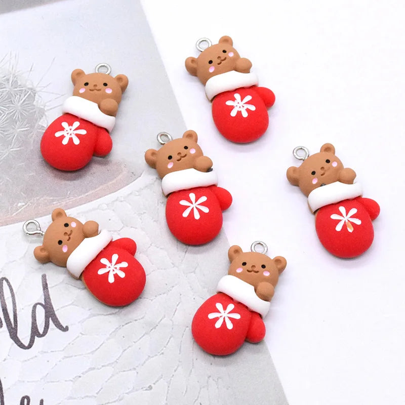 10pcs Kawaii Christmas Gloves Bear Resin Charms Lovely Earring Keychain Pendant DIY Jewelry Make