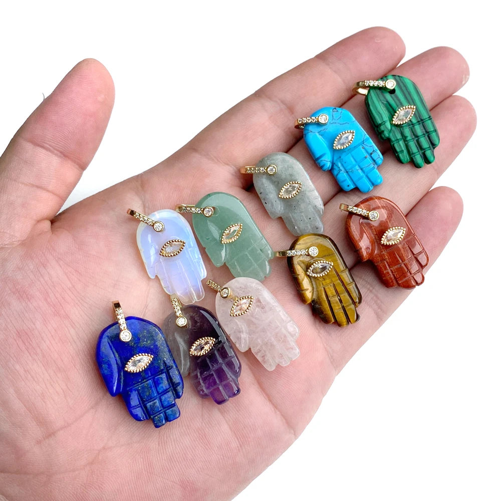 1Pc Fatima Hand Pendant Natural Crystal Tiger Eye Stone Evil Eye Charms For Jewelry Making Necklace DIY Earrings 14-16x26-28mm