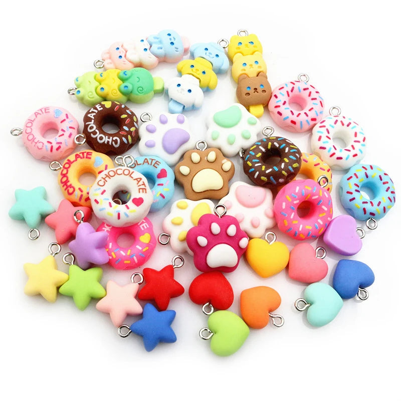 10Pcs Random Colors Mixed Star Heart Cake Charms Resin Glitter Cute Necklace Keychain Pendant DIY Keychain Making Accessories