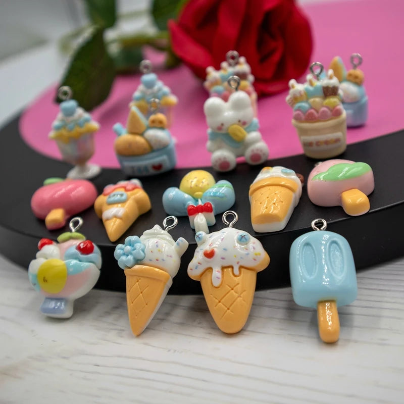 10PCS New Cartoon Fashion Resin Pendant Love Ice Cream Bear Kawaii Dangle DIY Necklace Earring Bracelet Keychain Accessories S66