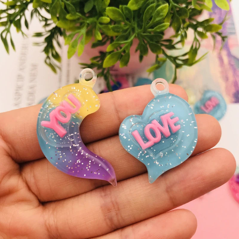 10pcs Hot Selling Resin Cute Kawaii Glitter Love You Charm for Keychain, Earring, Scrapbooking, DIY Making, Necklace