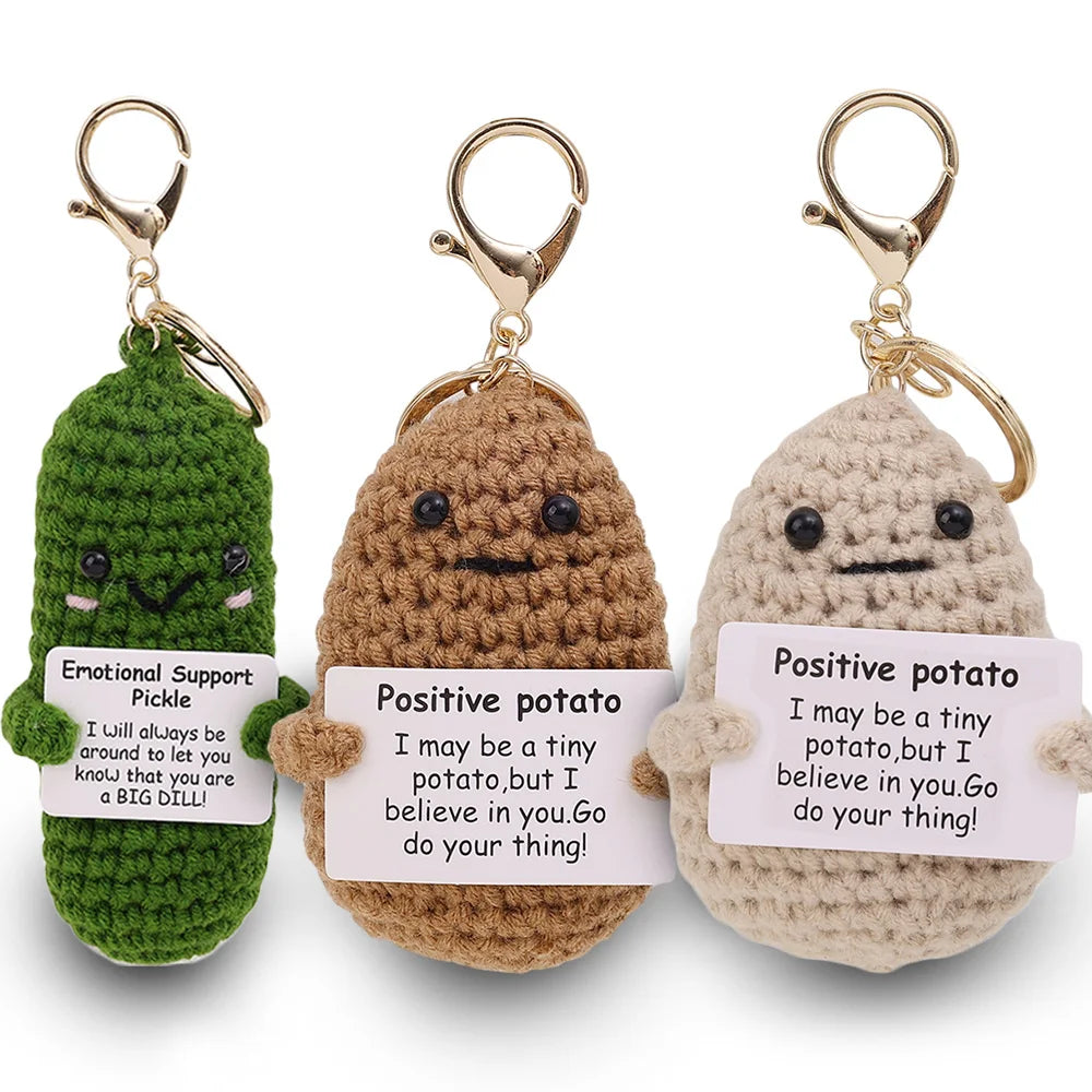 Handmade Positive Potato Keychain Cute Energy Toy Patata Cucumber Hugging Card Wool Crochet Doll Bag Pendant Inspired Key Chains