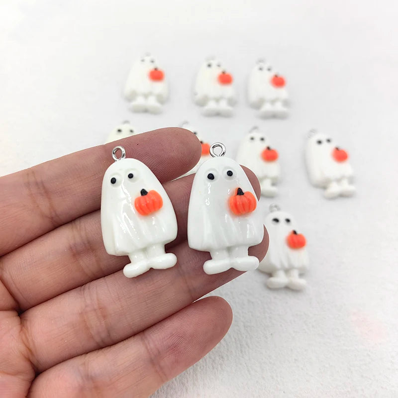 10pcs Kawaii Halloween White Ghost Pumpkin Charms for Jewelry Making Resin Handmade Pendants Crafts DIY Earring Keychain C1302